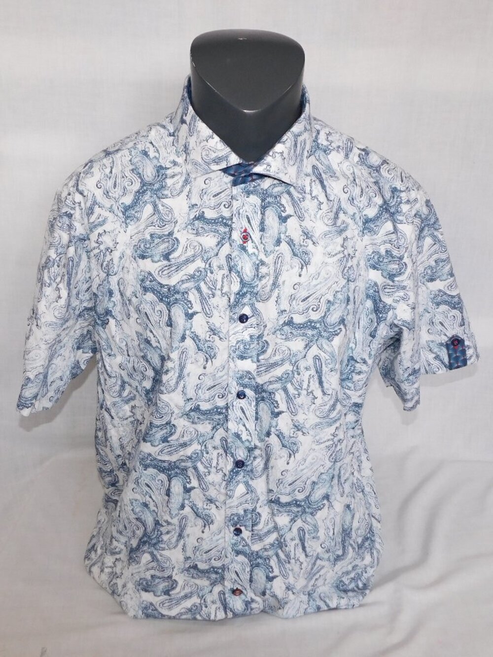 Jermyn & Bond Button Down Short Sleeve Blue White Paisley Shirt Mens XL